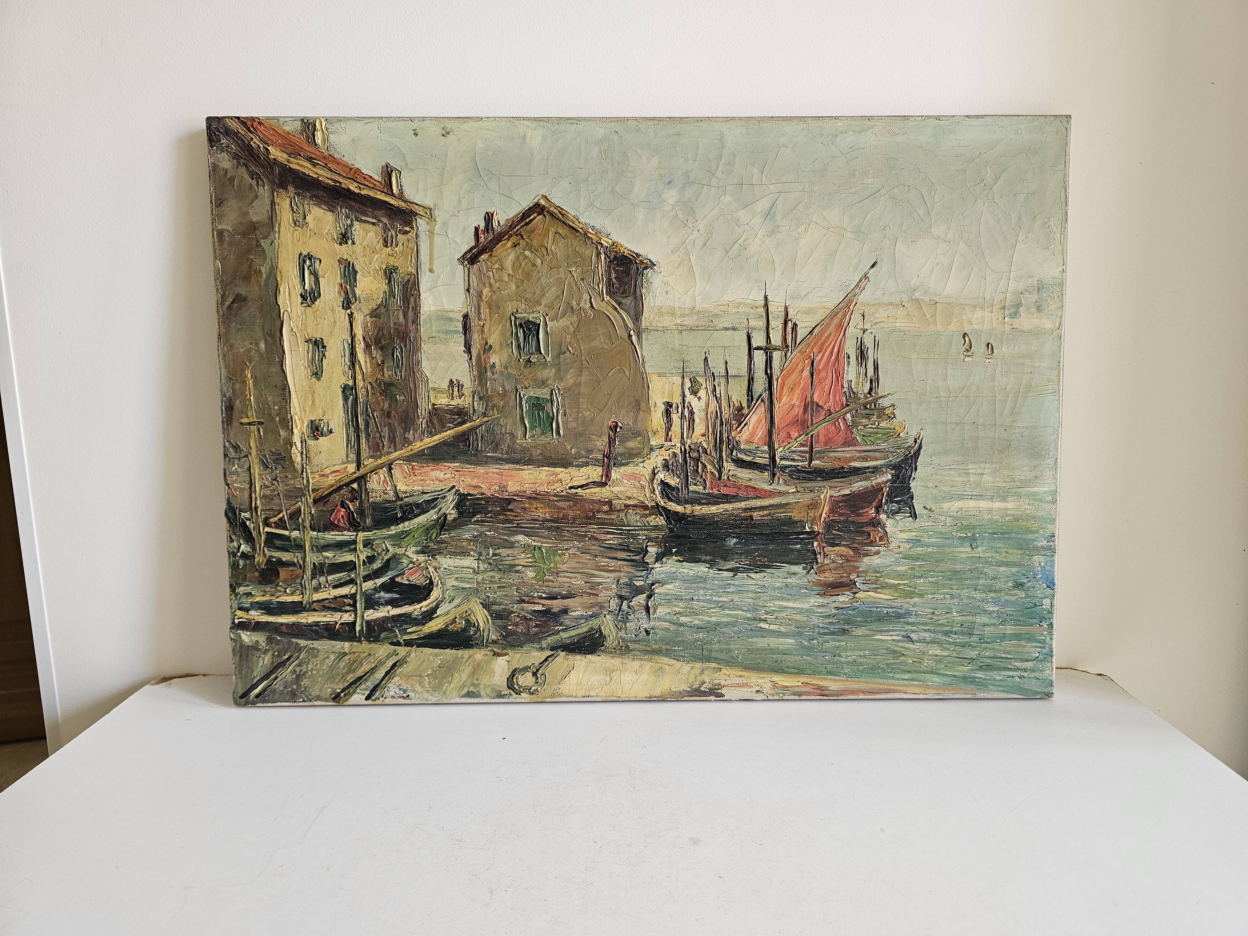 Oil on Canvas Marine Port of Martigues Signed (to be identified) Accid