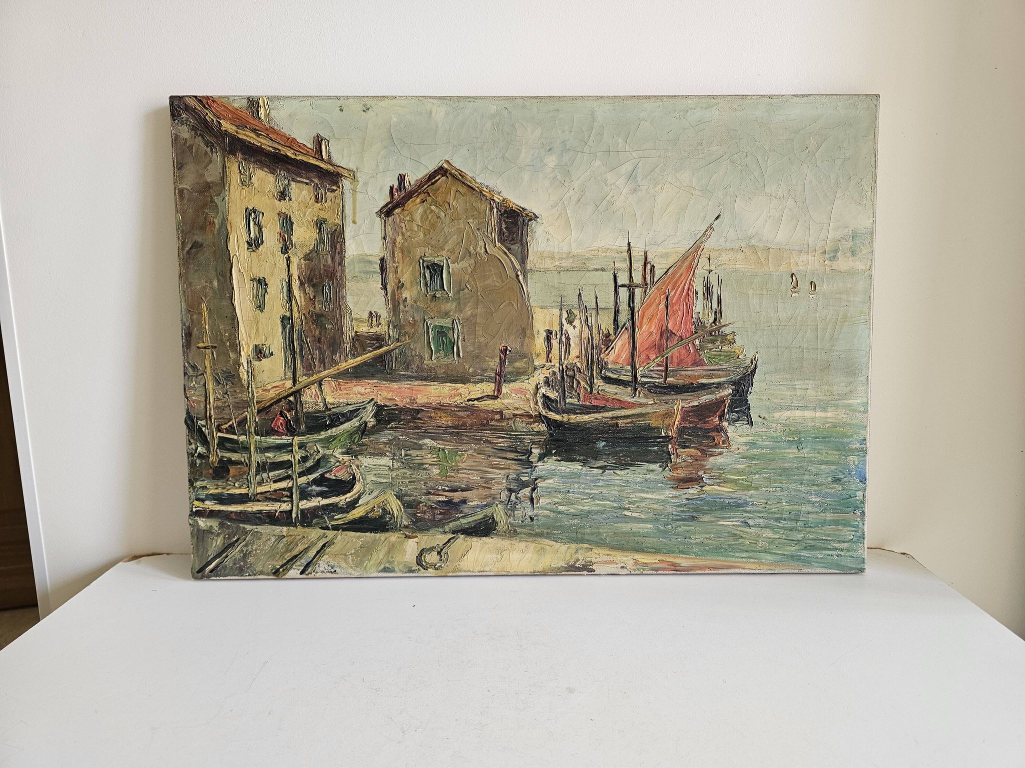 Oil on Canvas Marine Port of Martigues Signed (to be identified) Accid