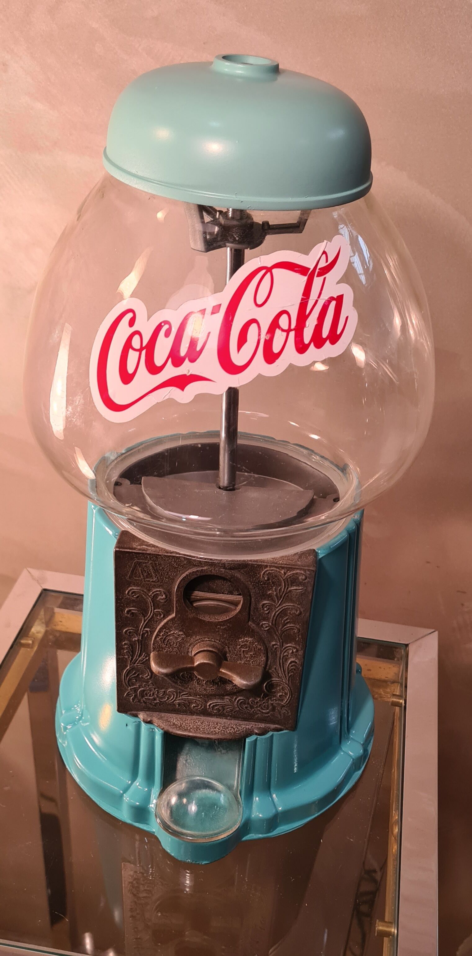 Candy, chewing gum, peanut glass and metal dispenser color 2 shades of turquoise 28x20