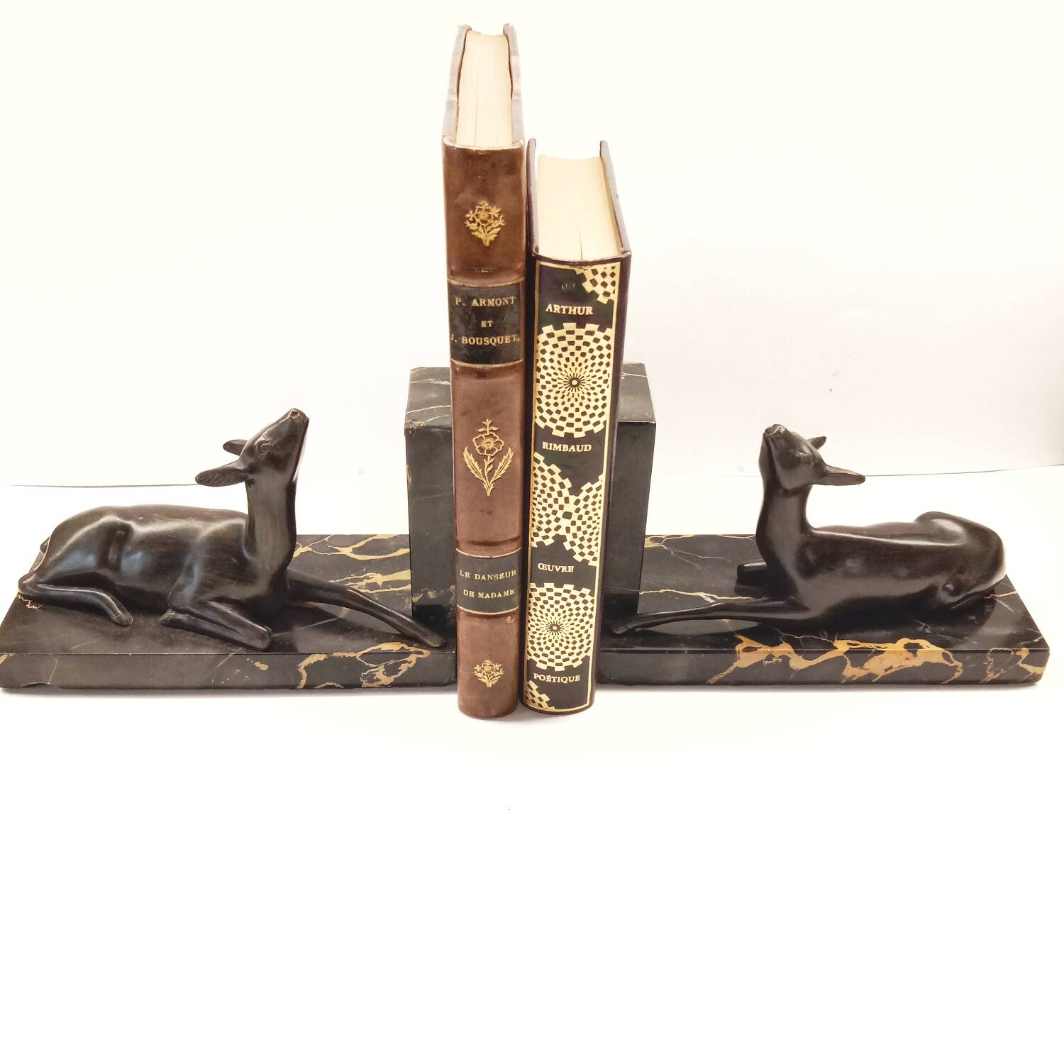 Art Deco Bookends of Doe Lying on Portor Marble