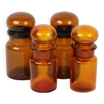 Set of 4 Old Apothecary Medical Bottles Jars Brown Amber Glass