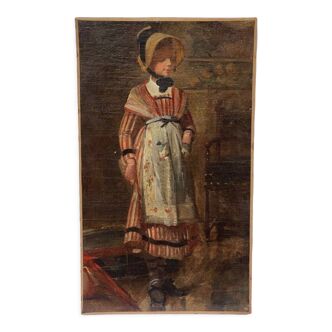 Huile sur toile portrait de jeune fille sur pied costume d'époque