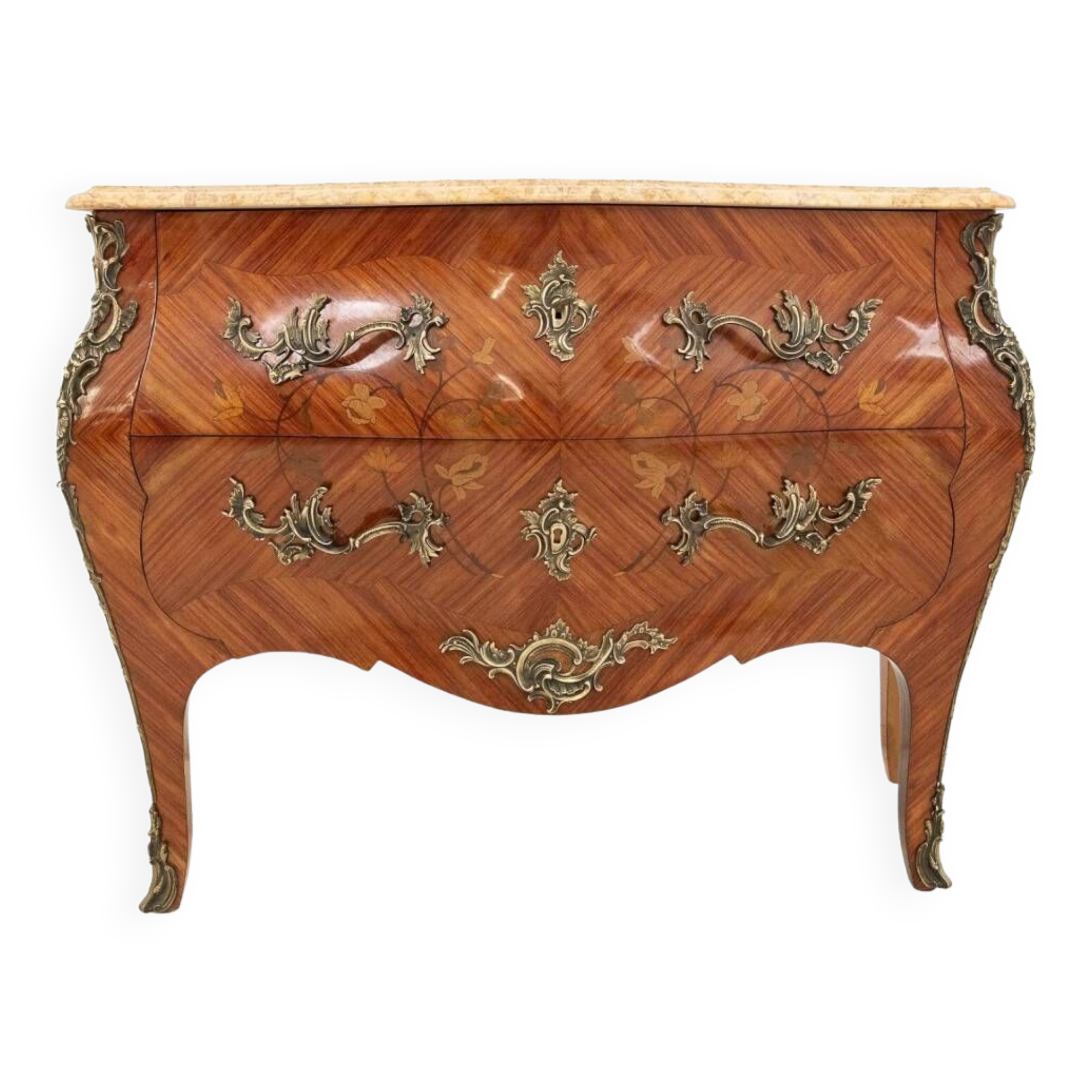 Inlaid chest of drawers with a marble top in the Louis XV style, France