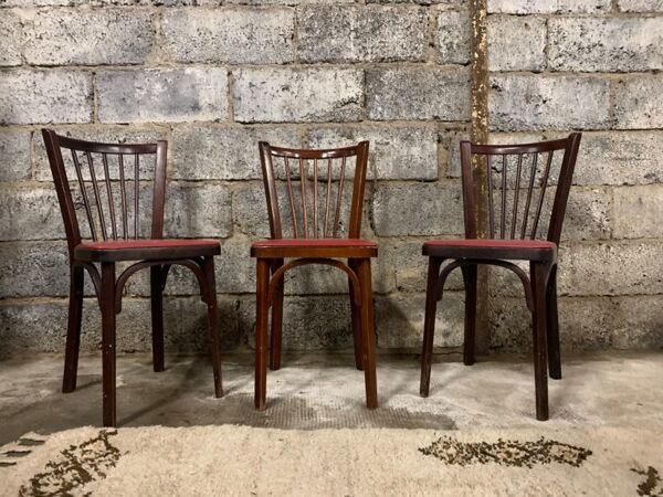 6 Chaises baumann bistrot troquet parisien bois de hêtre et skaÏ rouge - ancien et vintage
