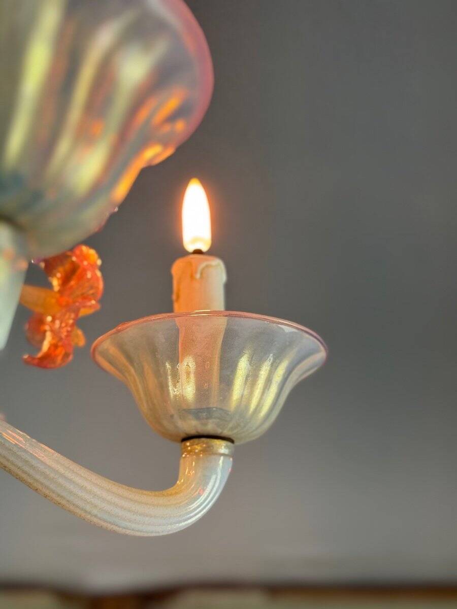 Venetian chandelier, in blue and red Murano glass, five light arms, circa 1950