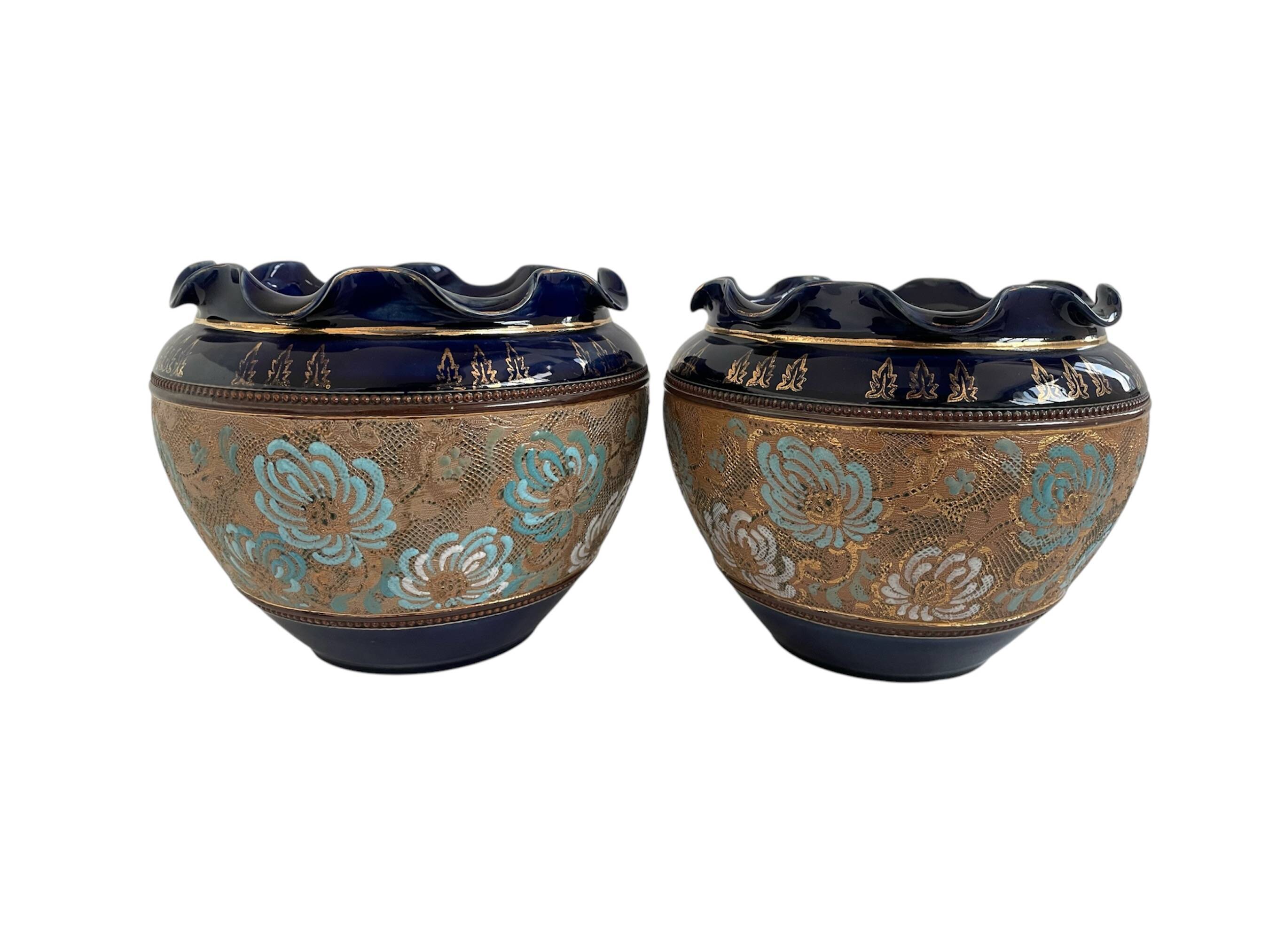 Pair, cache pots, royal doulton, english earthenware, 1920-1930, floral decoration, blue and gold, marks in