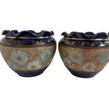 Pair, cache pots, royal doulton, english earthenware, 1920-1930, floral decoration, blue and gold, marks in