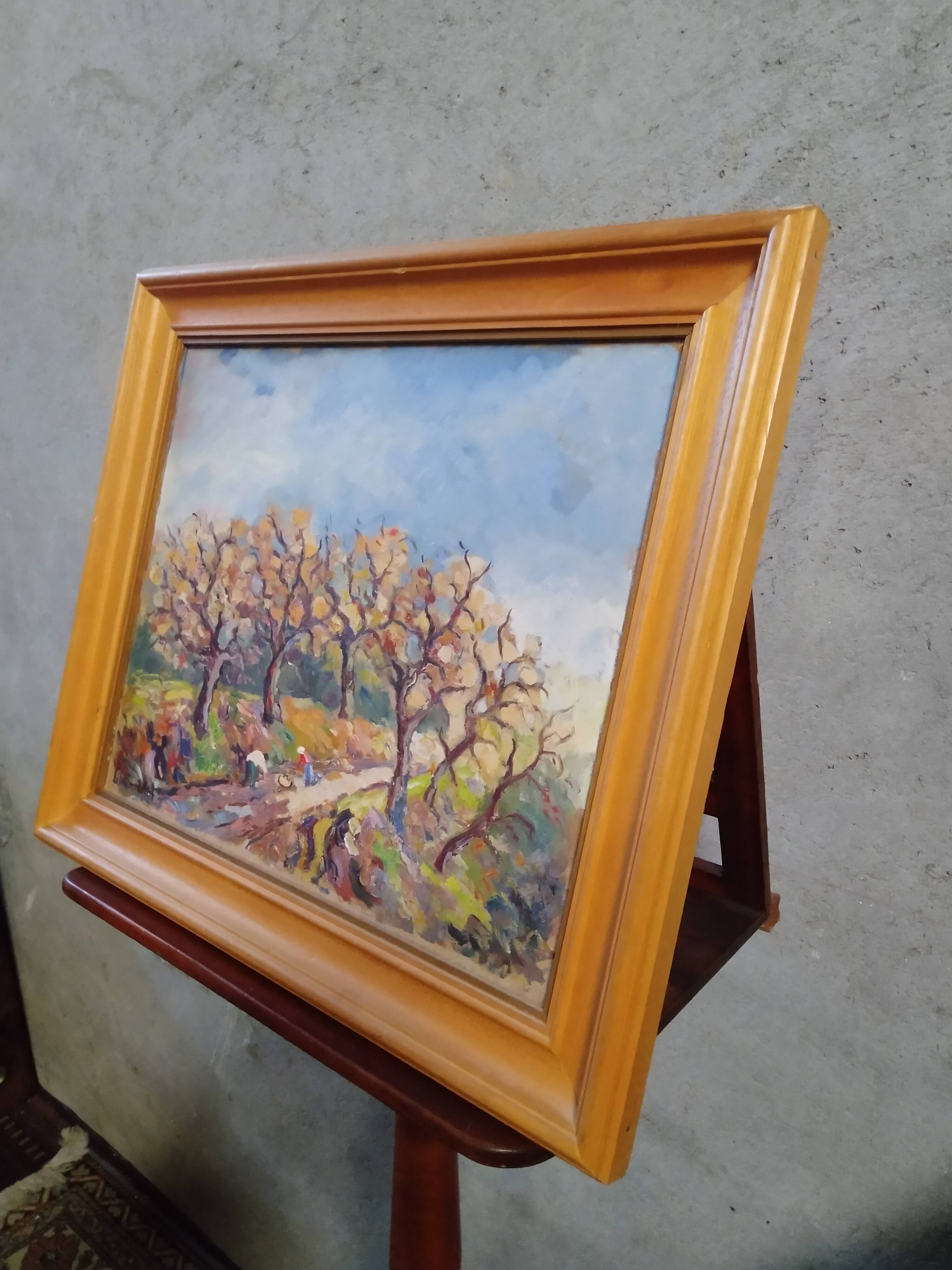 Oil painting on canvas "Chestnut gatherers" Louis Combalot