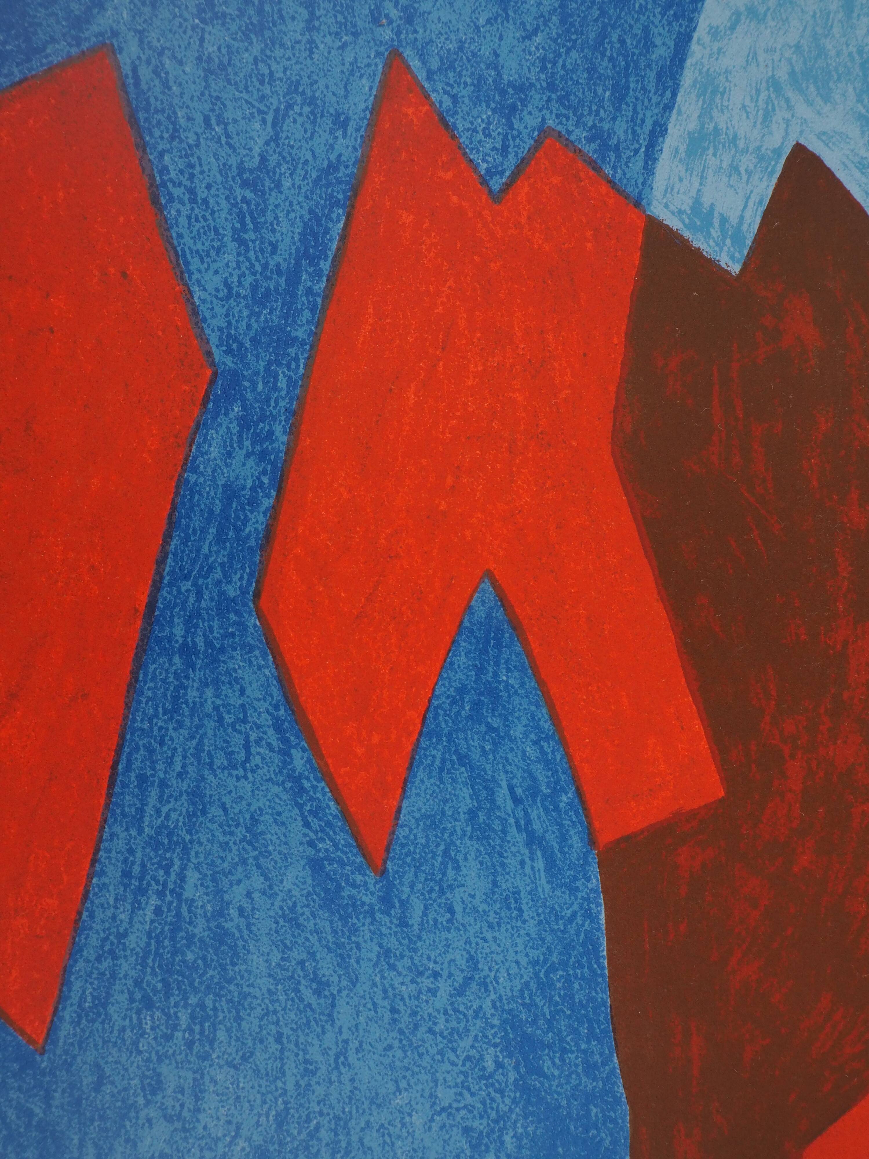 Serge poliakoff: blue and red composition - original lithograph