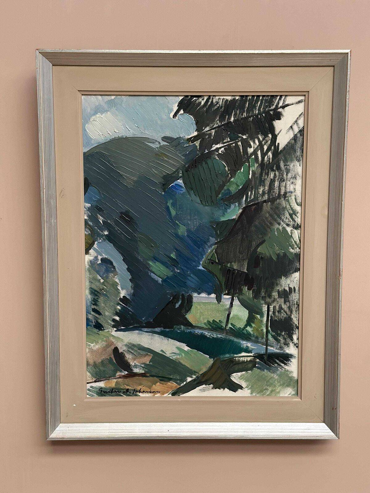 Original Mid Century Swedish Oil On Canvas – “Abstract Forest” By Gustav‑Adolf Johansson – Vintage & Framed – 62 × 48 Cm (24.4" × 18.9")