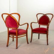 Red Velvet Heartshaped Wooden Vintage Design Side Chairs. Set of 2. 1950s
