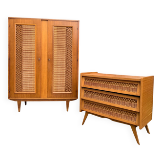 Rattan wardrobe and its compass-legged chest of drawers, 1960