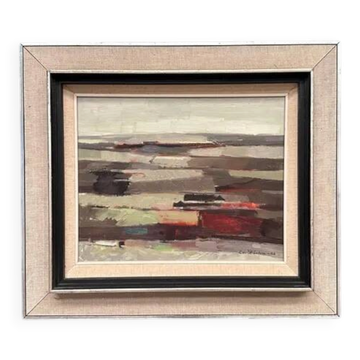 Huile sur panneau d'origine suédoise – « Field Patches » par Evert Färhm (1901–1971) – Signé – 1968 – Vintage et encadré – 61 × 53 cm (24" × 20,9")