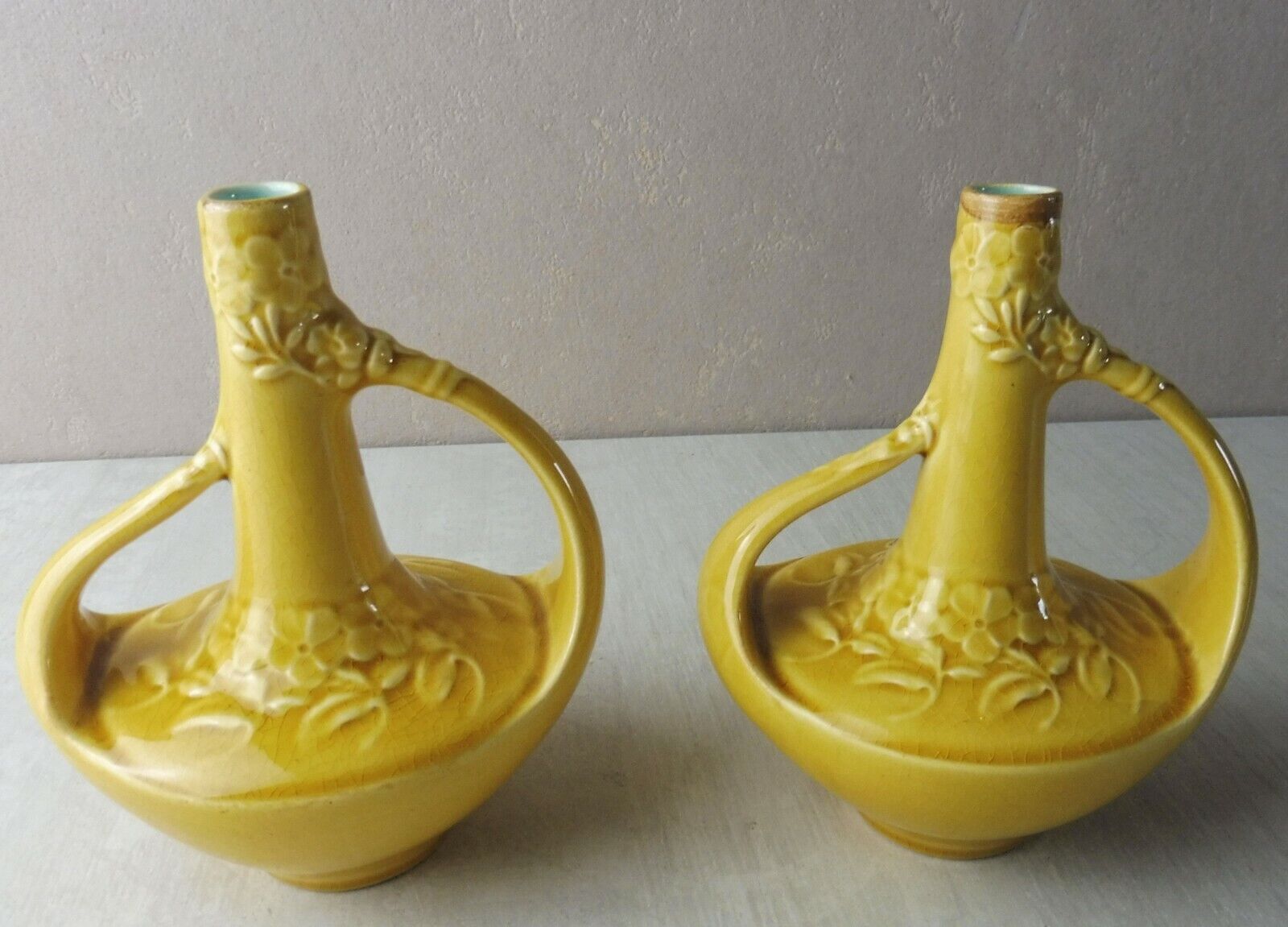 Pair of ancient vases/soliflores, in ceramics from Sarreguemines, 3756