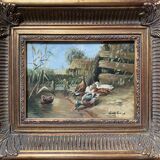 Painting "Ducks in the pond" HST signed Guichard + frame