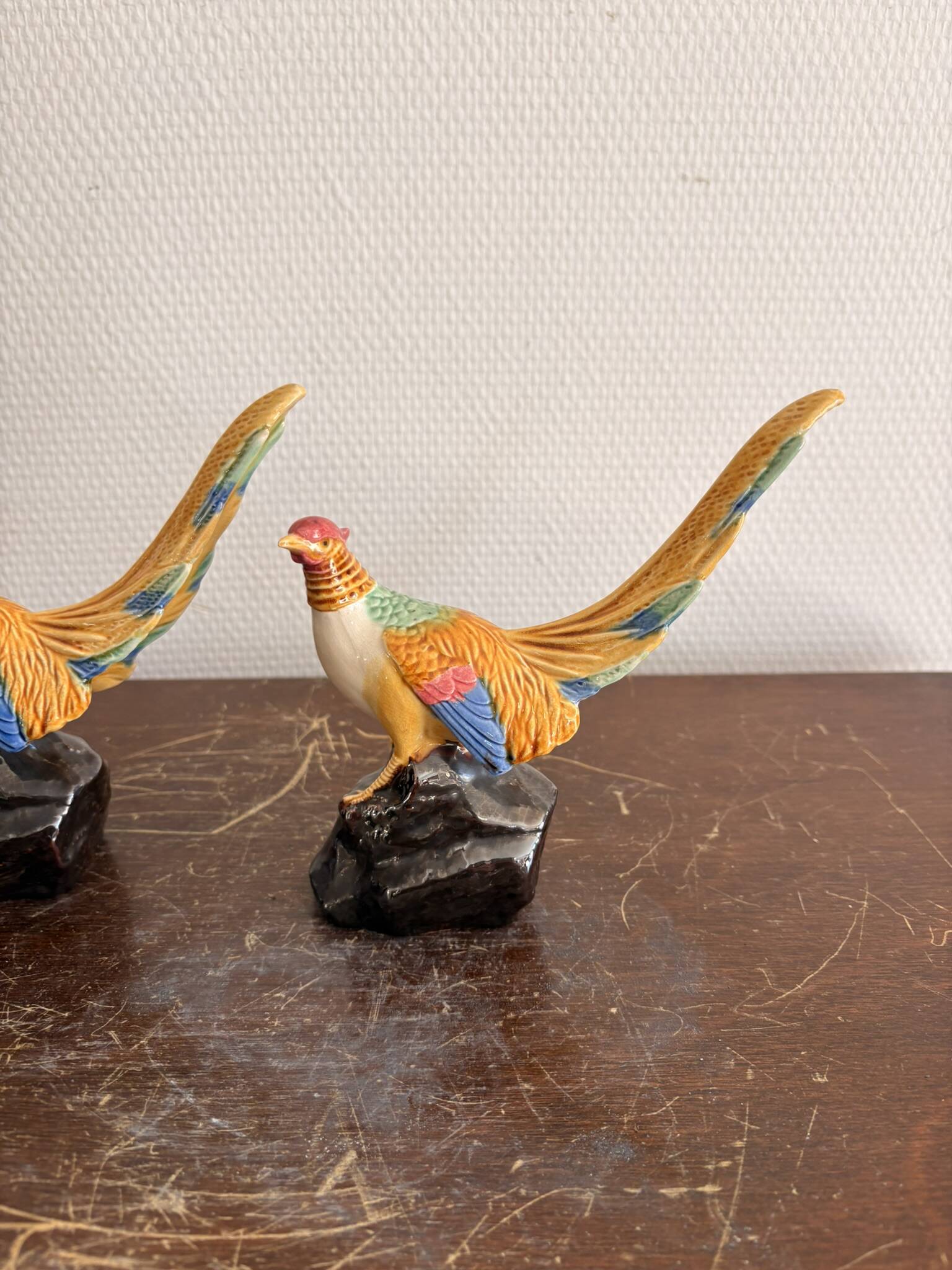 Paire Faisans Barbotine Faïence Art Déco Oiseaux 1930