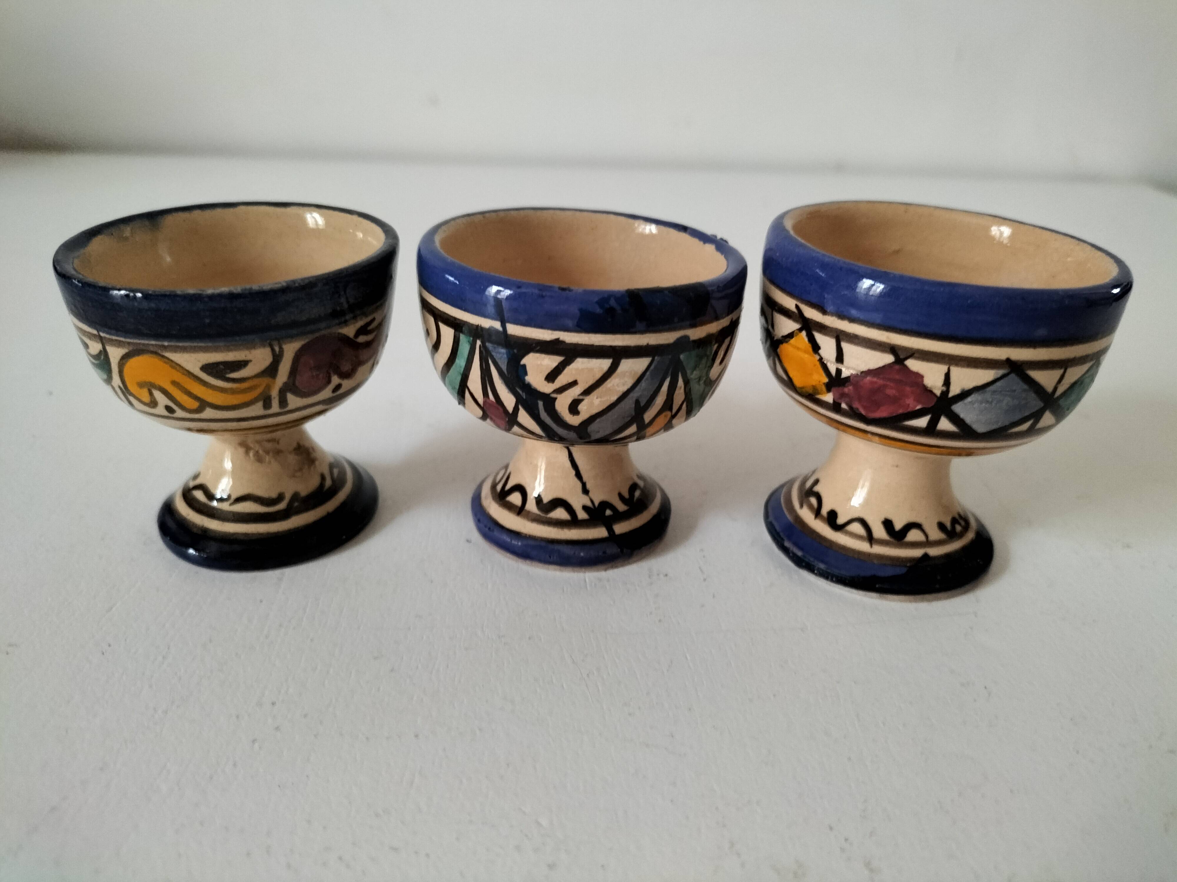 Trio of Moroccan ceramic egg cups from Fez, stamped