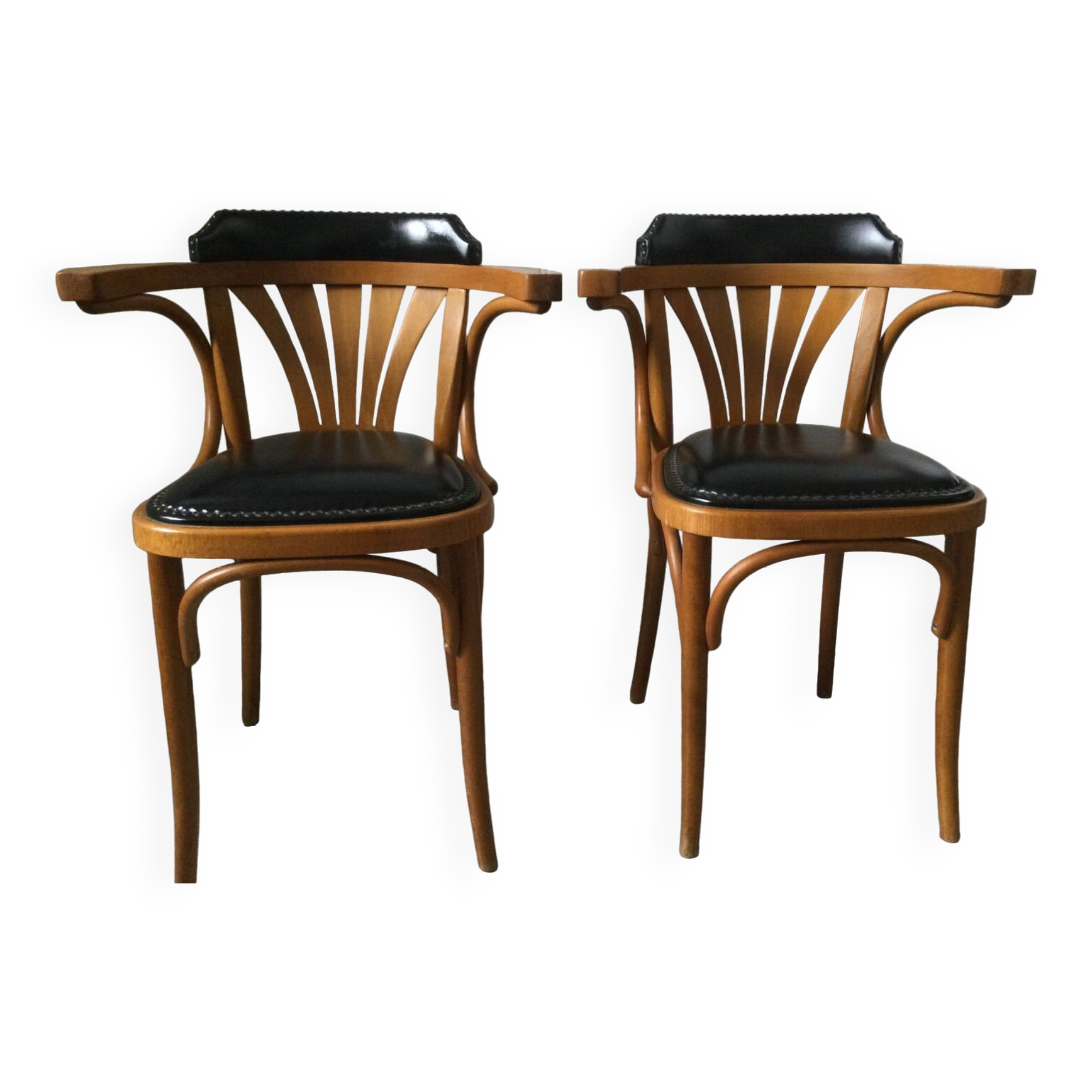 Pair of curved wooden bistro armchairs