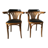 Pair of curved wooden bistro armchairs