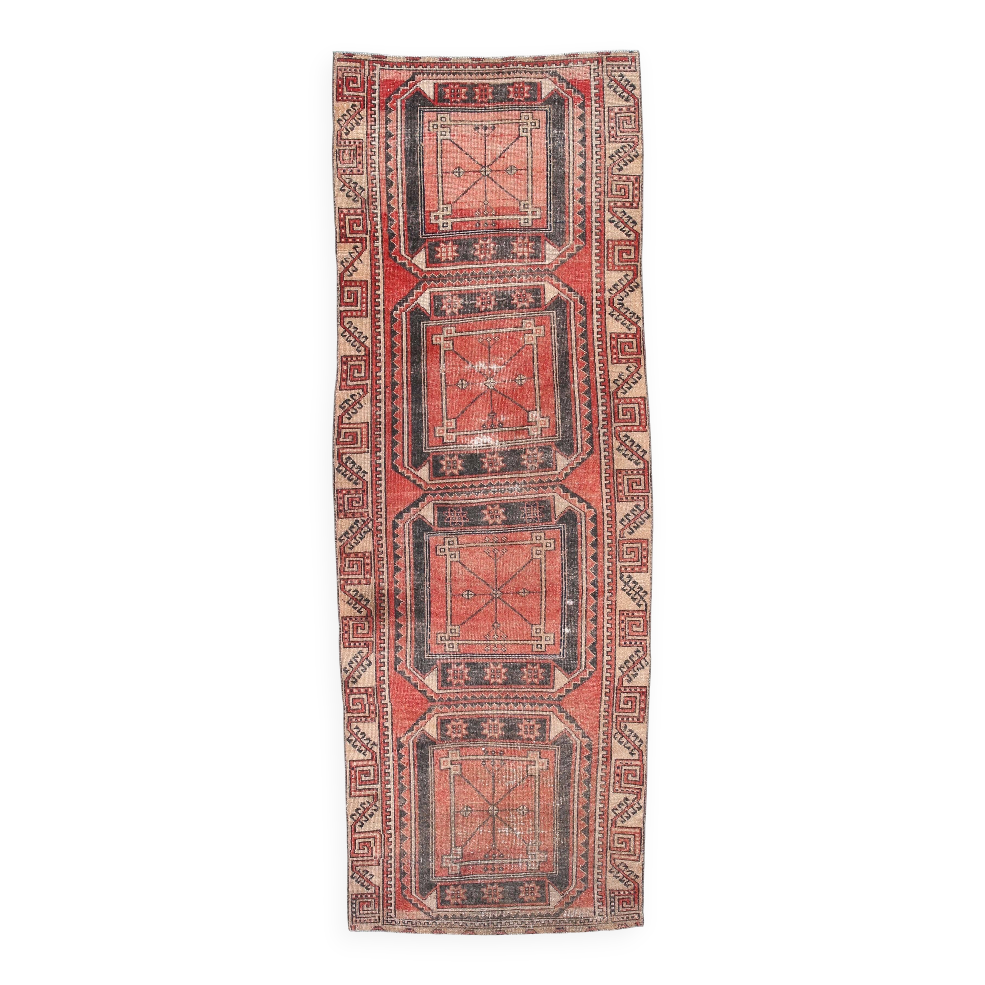 Tapis persan vintage rouge et noir 3x9, 103x287 cm