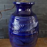 Large blue earthenware lamp base signed ST Clément France Plume 815-2 – Excellent condition