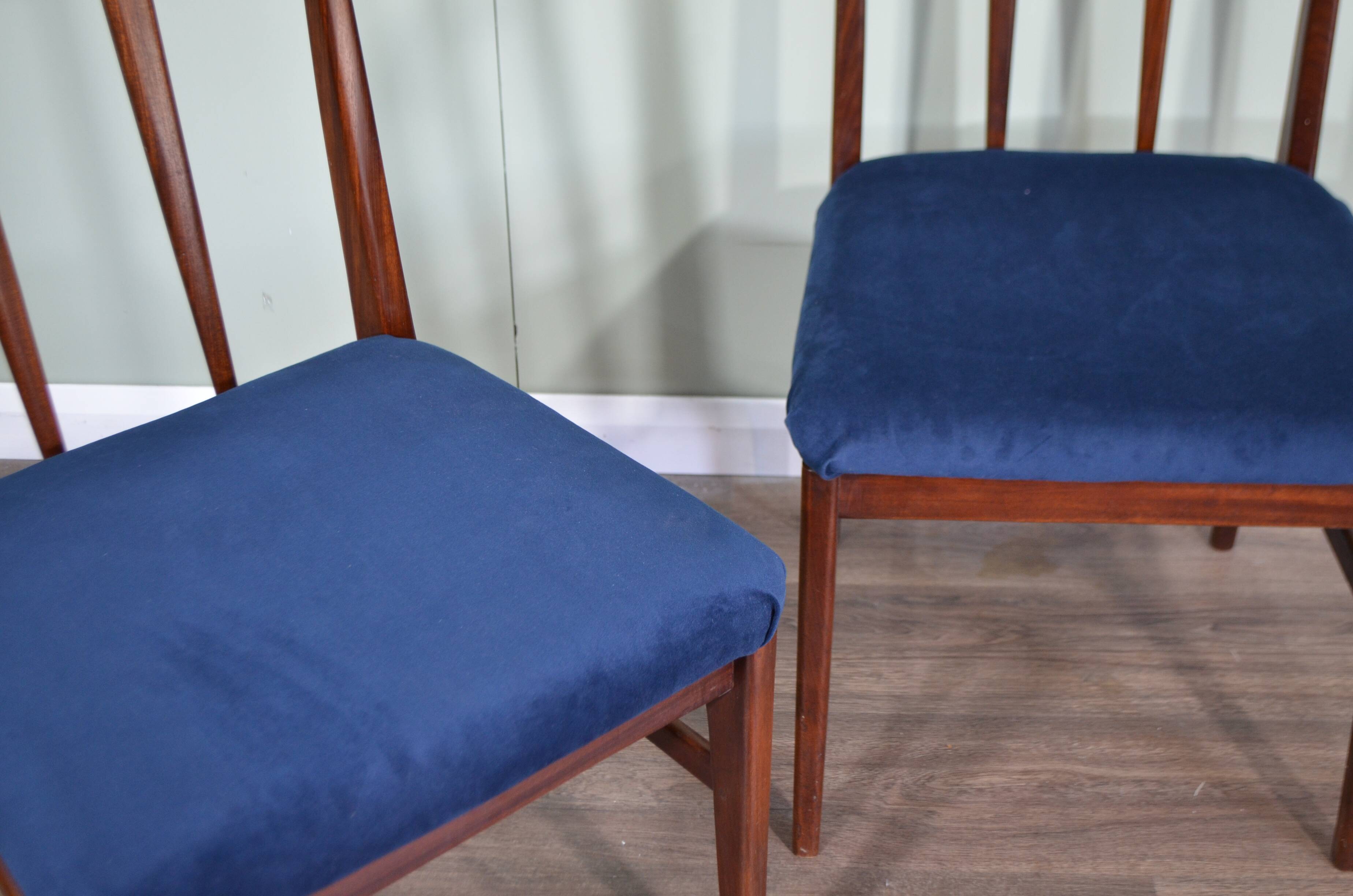 Stylish Set Of 4 Vintage Midcentury A. Younger Afromosia And Velvet Chairs.