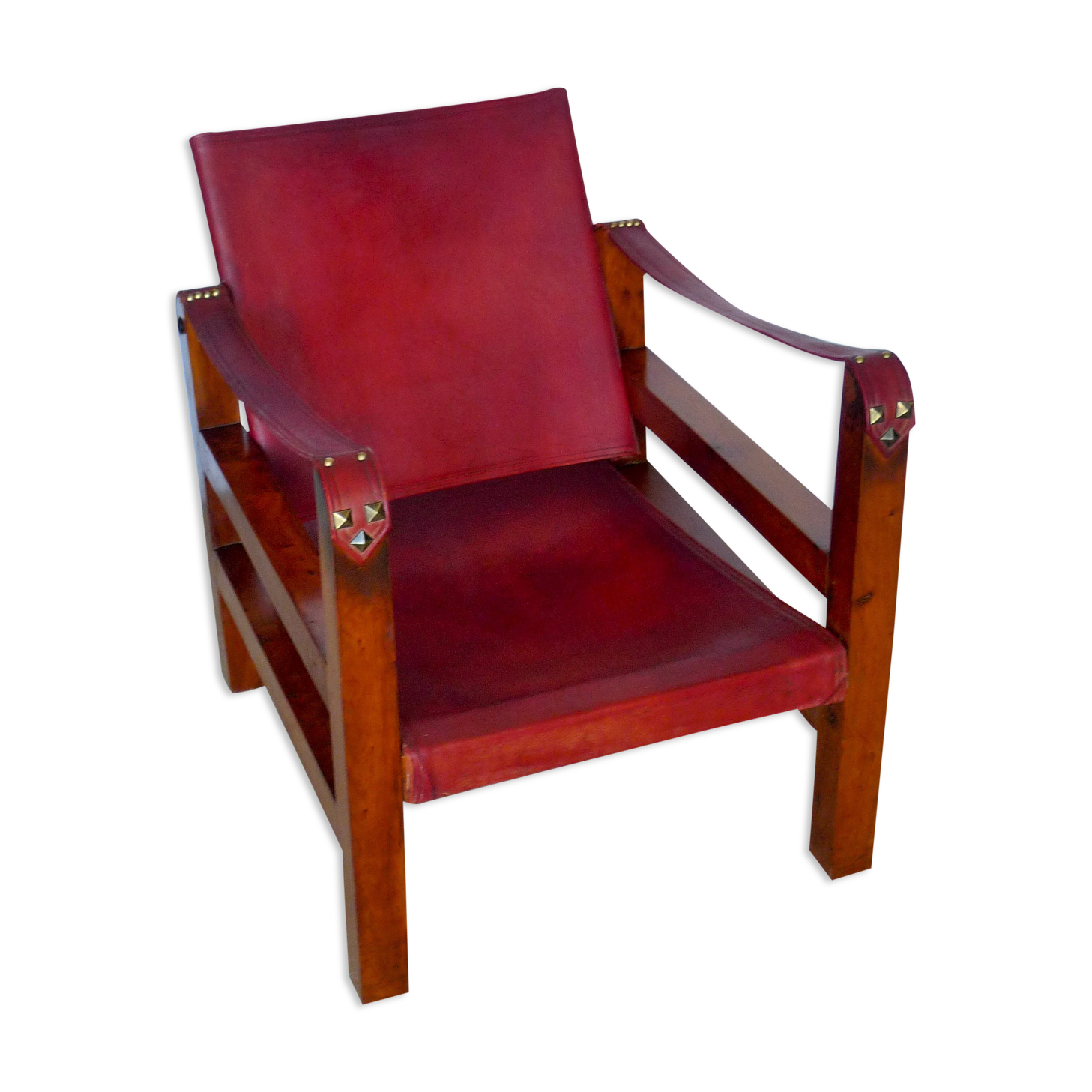 Leather and wood relaxed armchair