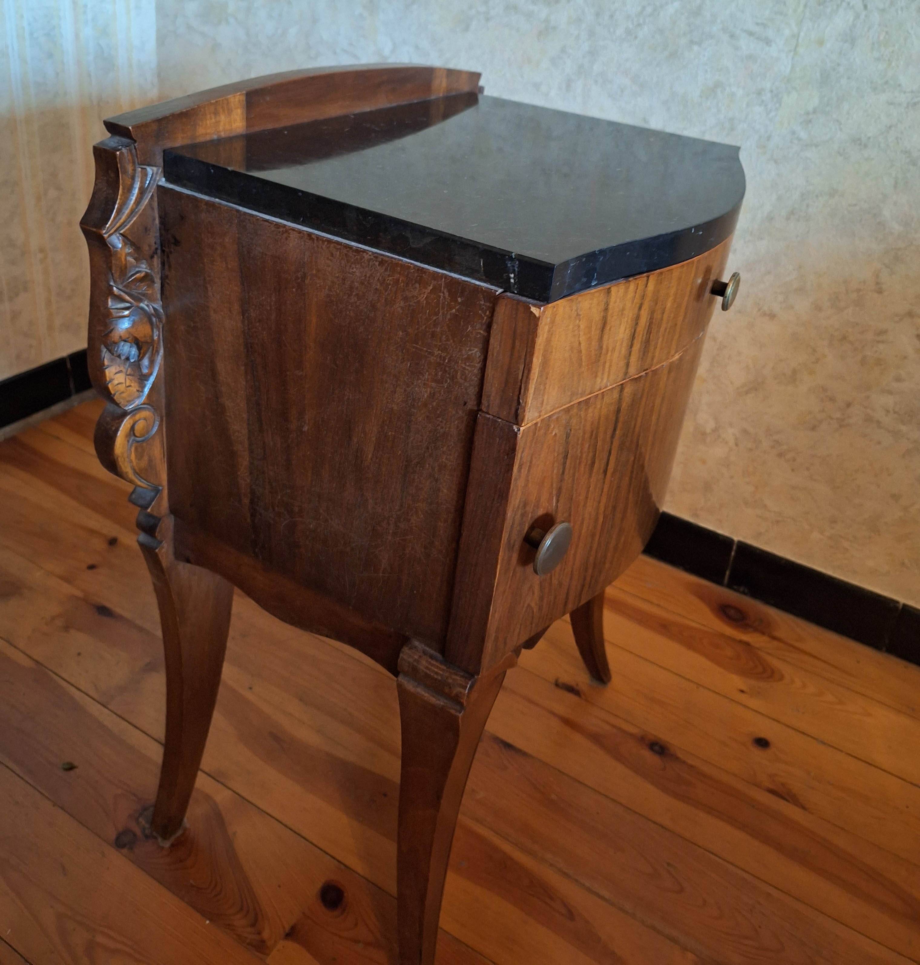 Black marble and burl walnut bedside table