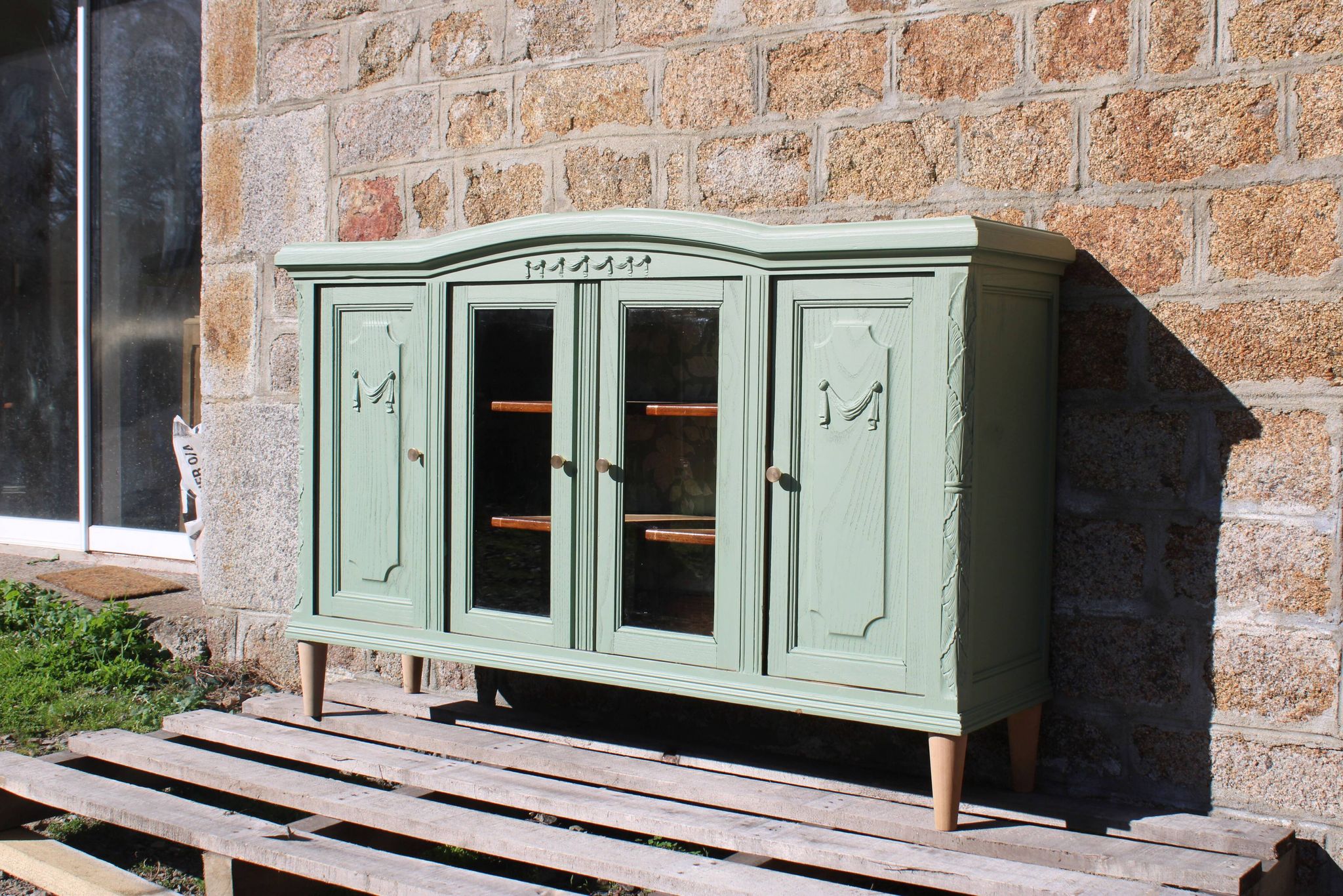 Renovated vintage sage green enfilade – wooden legs & bevelled display cabinets