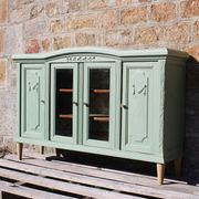 Renovated vintage sage green enfilade – wooden legs & bevelled display cabinets
