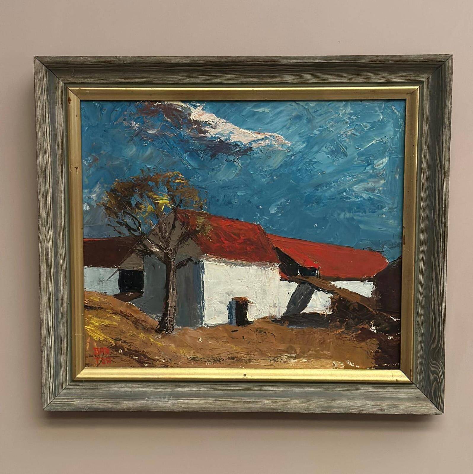 Huile sur panneau originale – “Barn” par Bartja Björklund – Vintage et encadrée