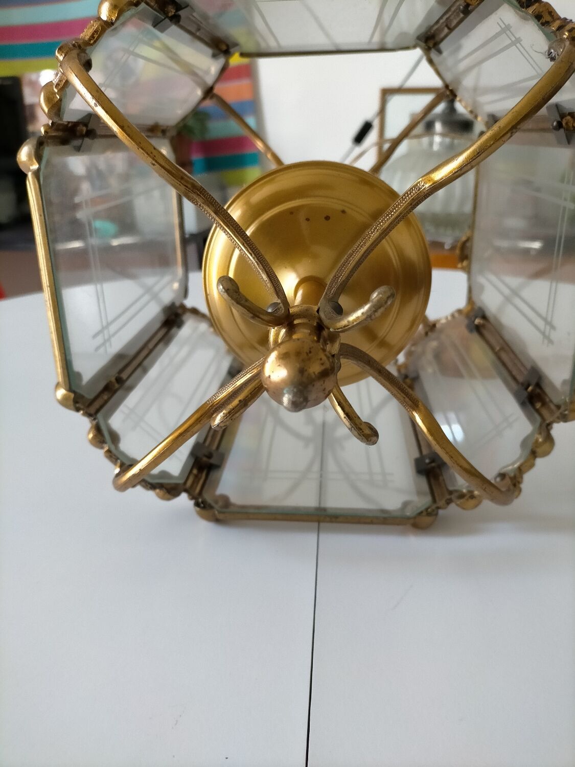 Hexagonal carved glass metal lantern in very good condition