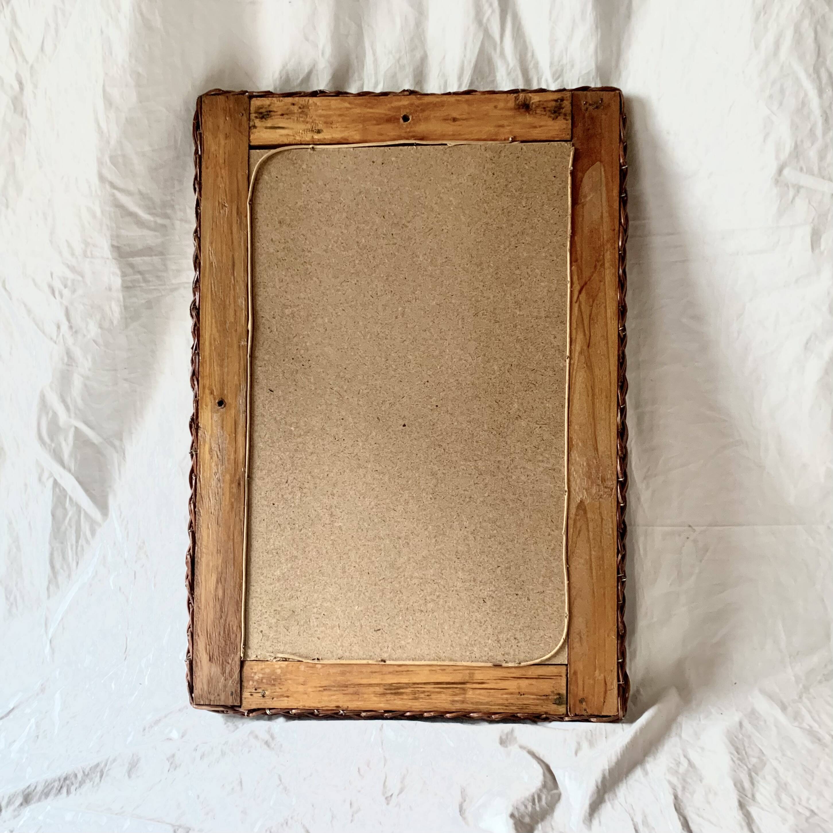 Vintage rectangular woven rattan wall mirror