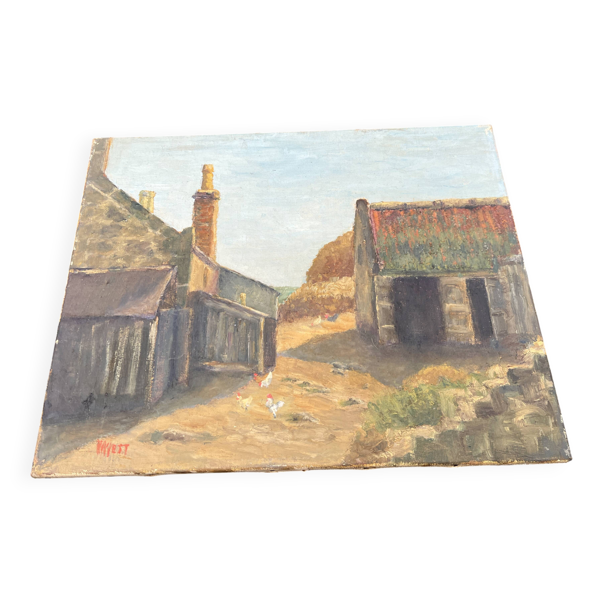Painting on canvas signed “Wyett” – Village scene with chickens
