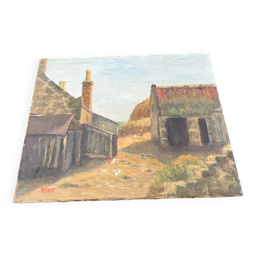 Painting on canvas signed “Wyett” – Village scene with chickens