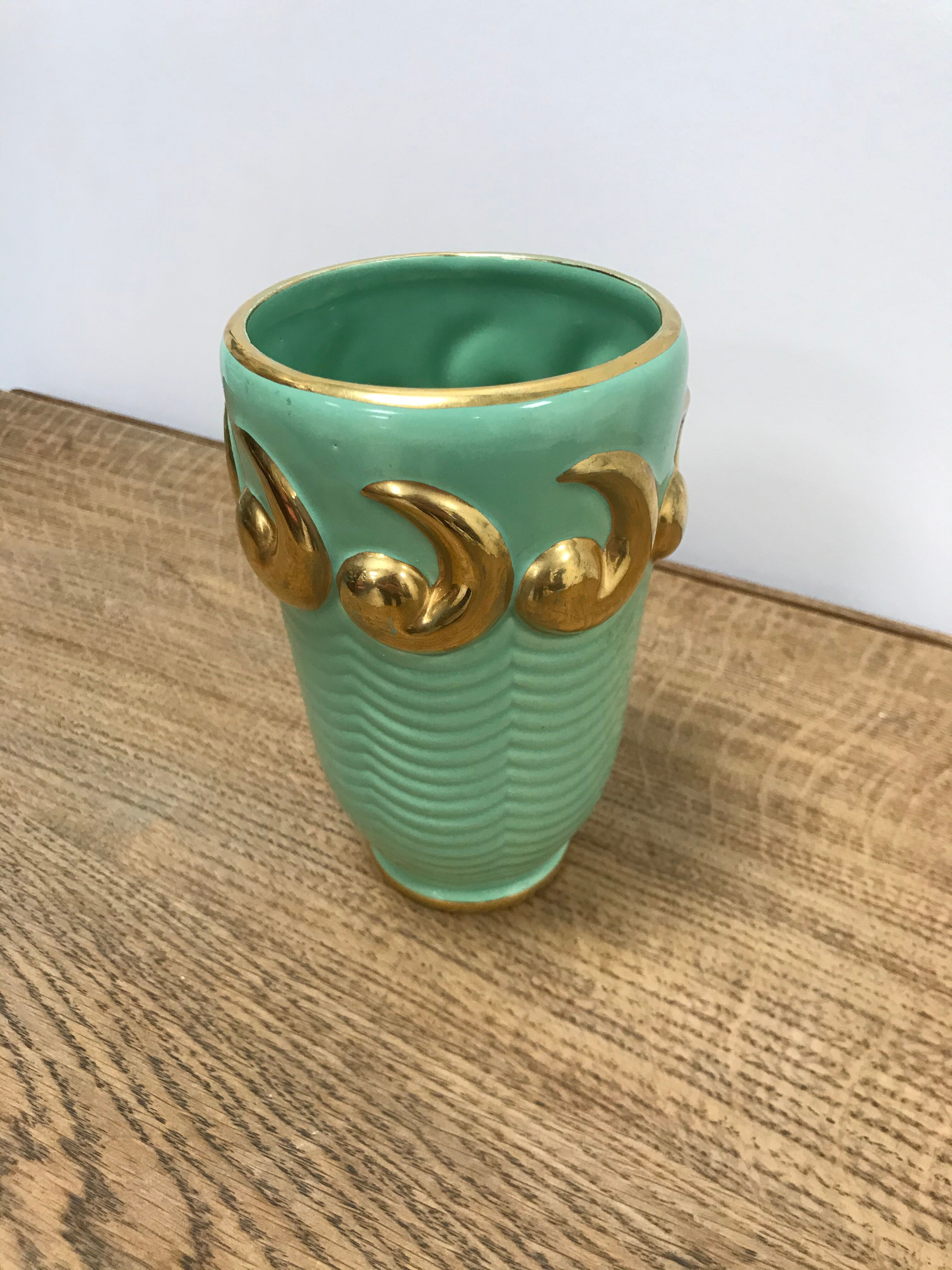 Green and gold ceramic vase