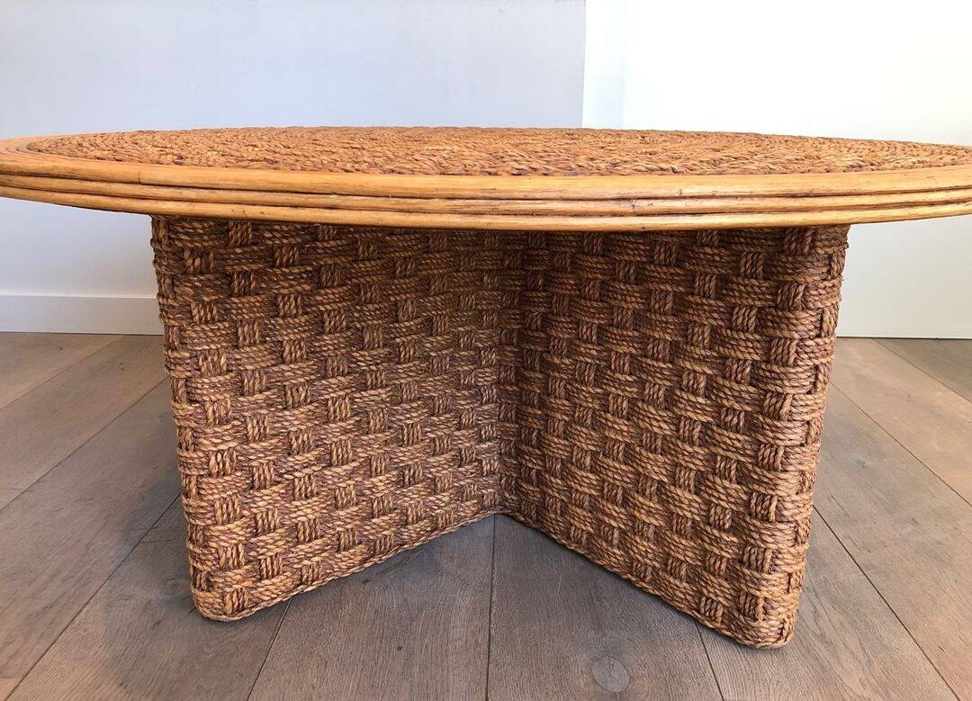 Large Round Coffee Table in Rope and Wood, in the Style of Audoux-Minet, Fra