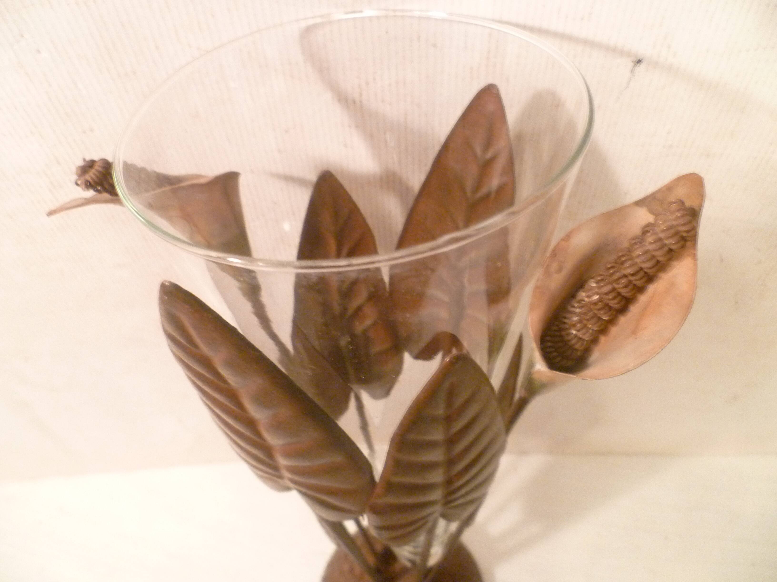 Paire vases  coupes verre souffle & monture fer forge "arum" vintage