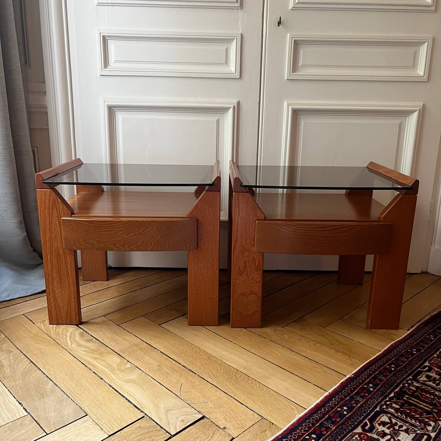 Pair of vintage bedside tables in wood and smoked glass