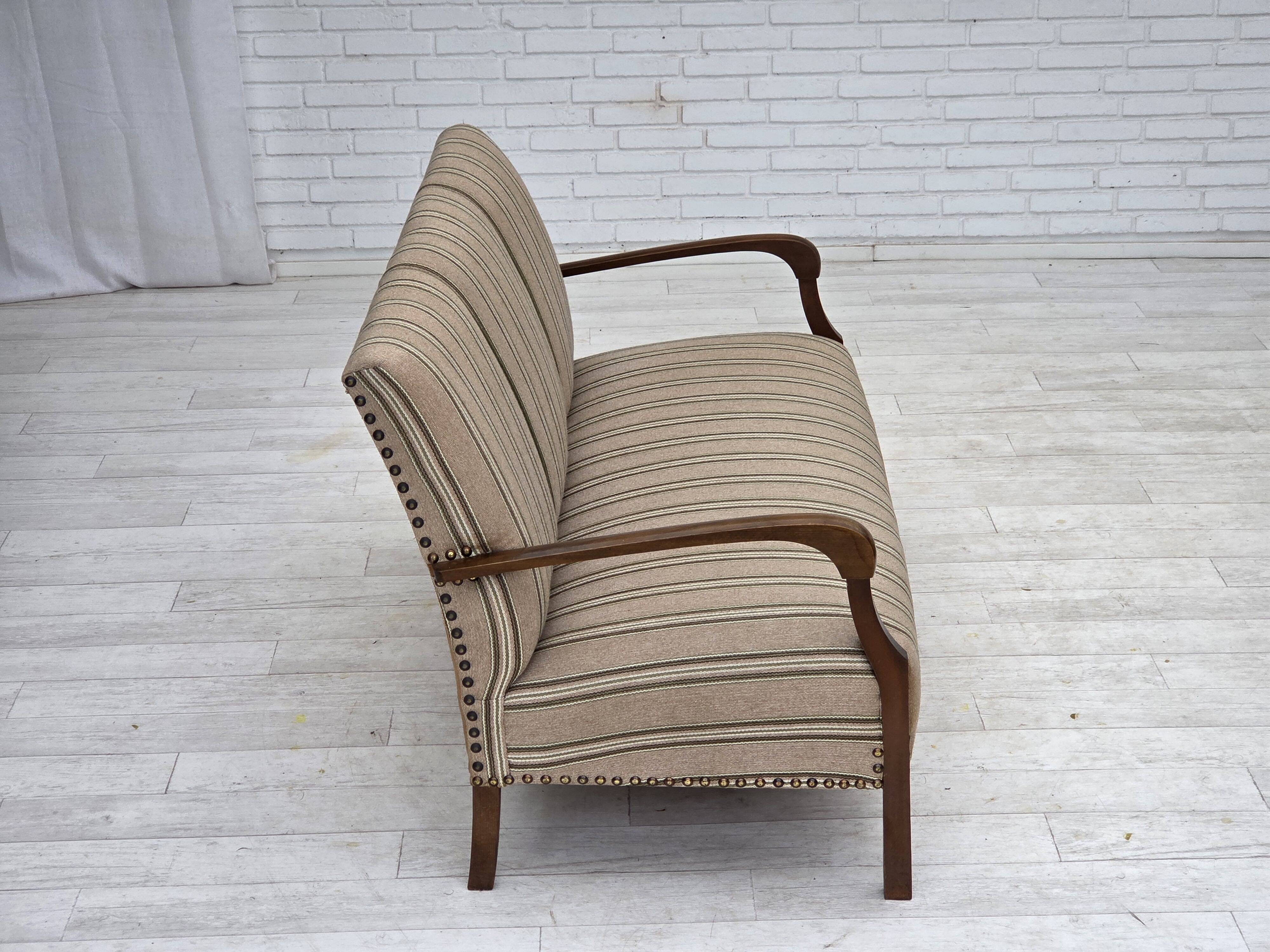 1950s, Danish 2-seater sofa, beige furniture wool fabric, beech wood legs.