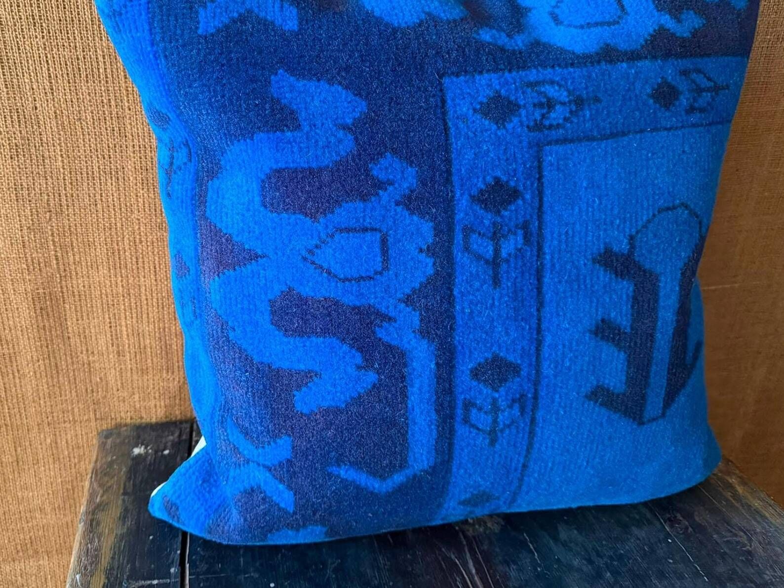 Vessel Motif Rug Cushion, Cobalt Navy Wool, Tribal Kilim Decor 20x20