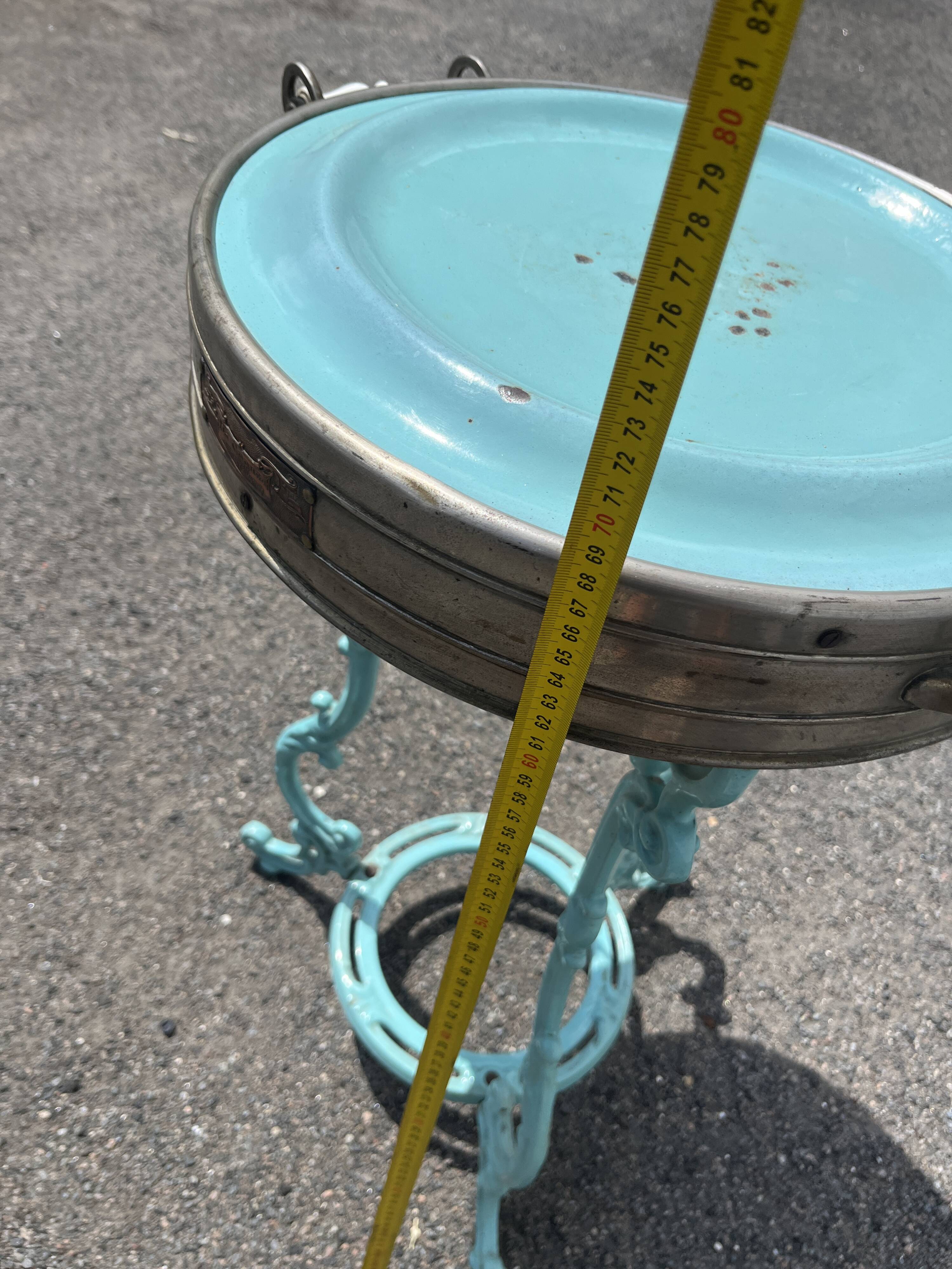 Antique bistro heating table "Le Coquet", enamelled tray, piece by piece.