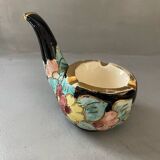 Vallauris pipe-shaped ashtray with blue and gold flowers