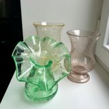Biot bubbled glass corolla vase signed Riom vert years 60-70