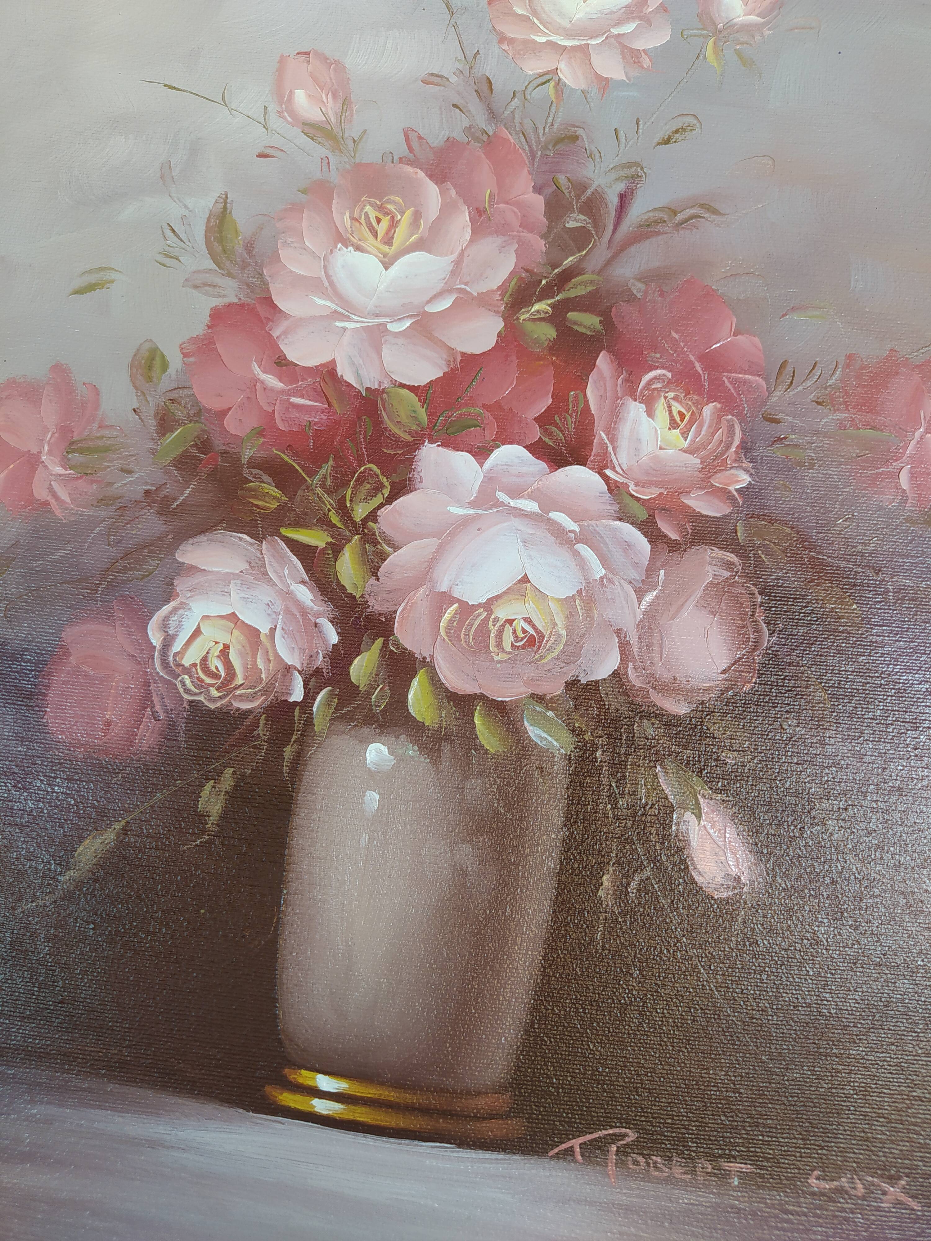 Still life painting bouquet of pink flowers signed Robert Cox