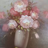 Still life painting bouquet of pink flowers signed Robert Cox