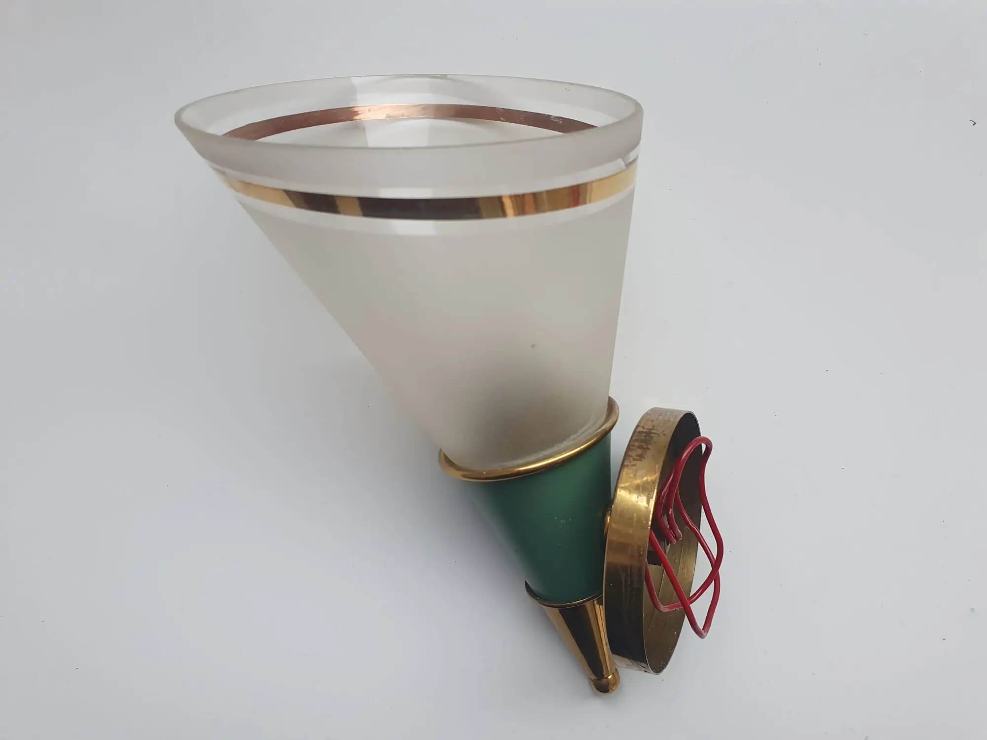 Green and gold conical wall lamp with opaline globe Art Deco