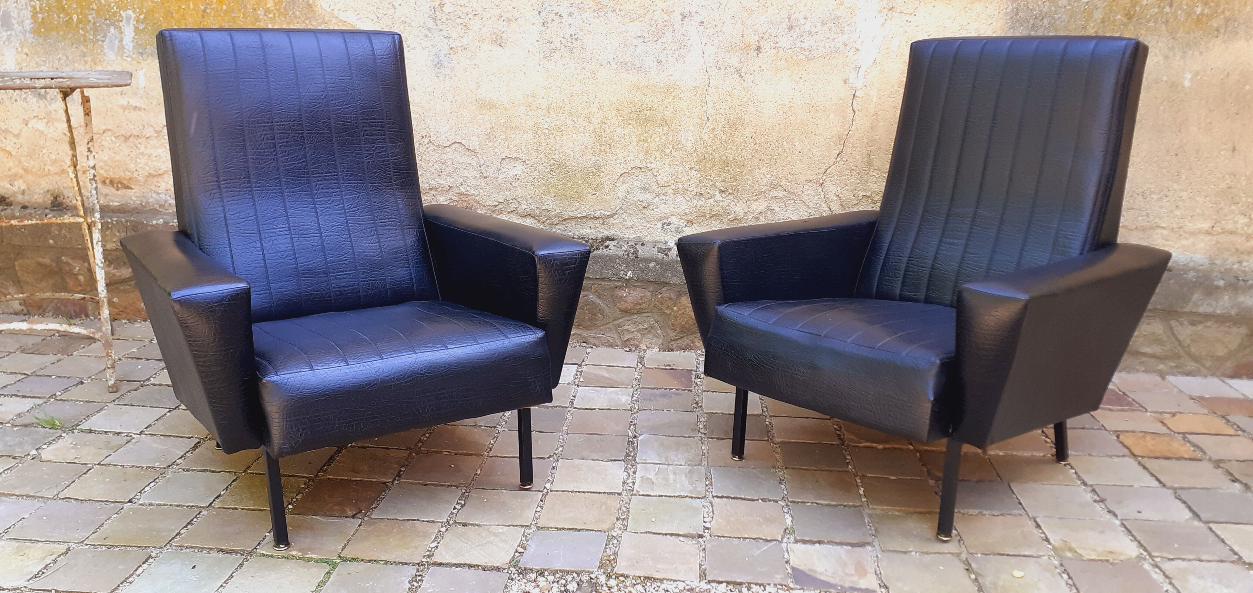 Pair of armchairs vintage year 60 imitation black leather