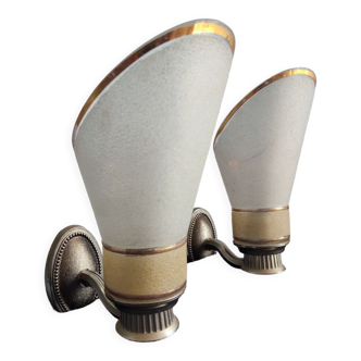 Pair of metal sconces with vintage granite tulip globes.