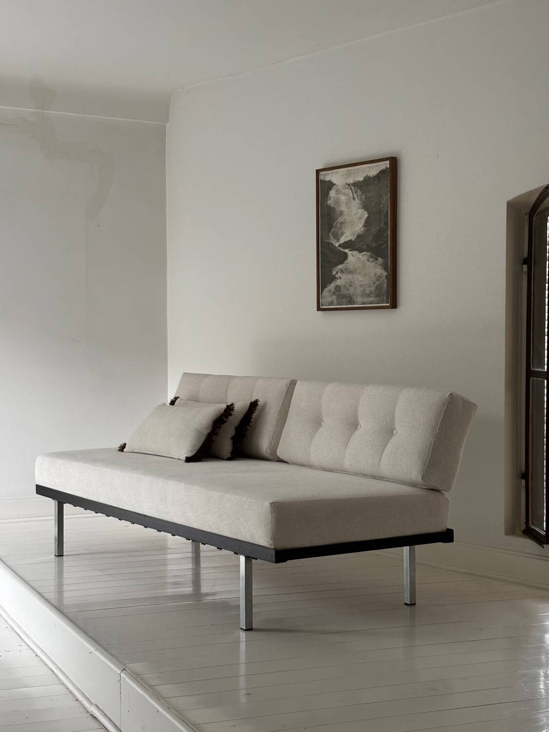 Modernist canapé design – Completely reupholstered in Pierre Frey fabric.